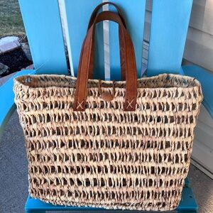 Vintage 90s straw wicker rattan leather tote bag purse beach tote boho bohemian